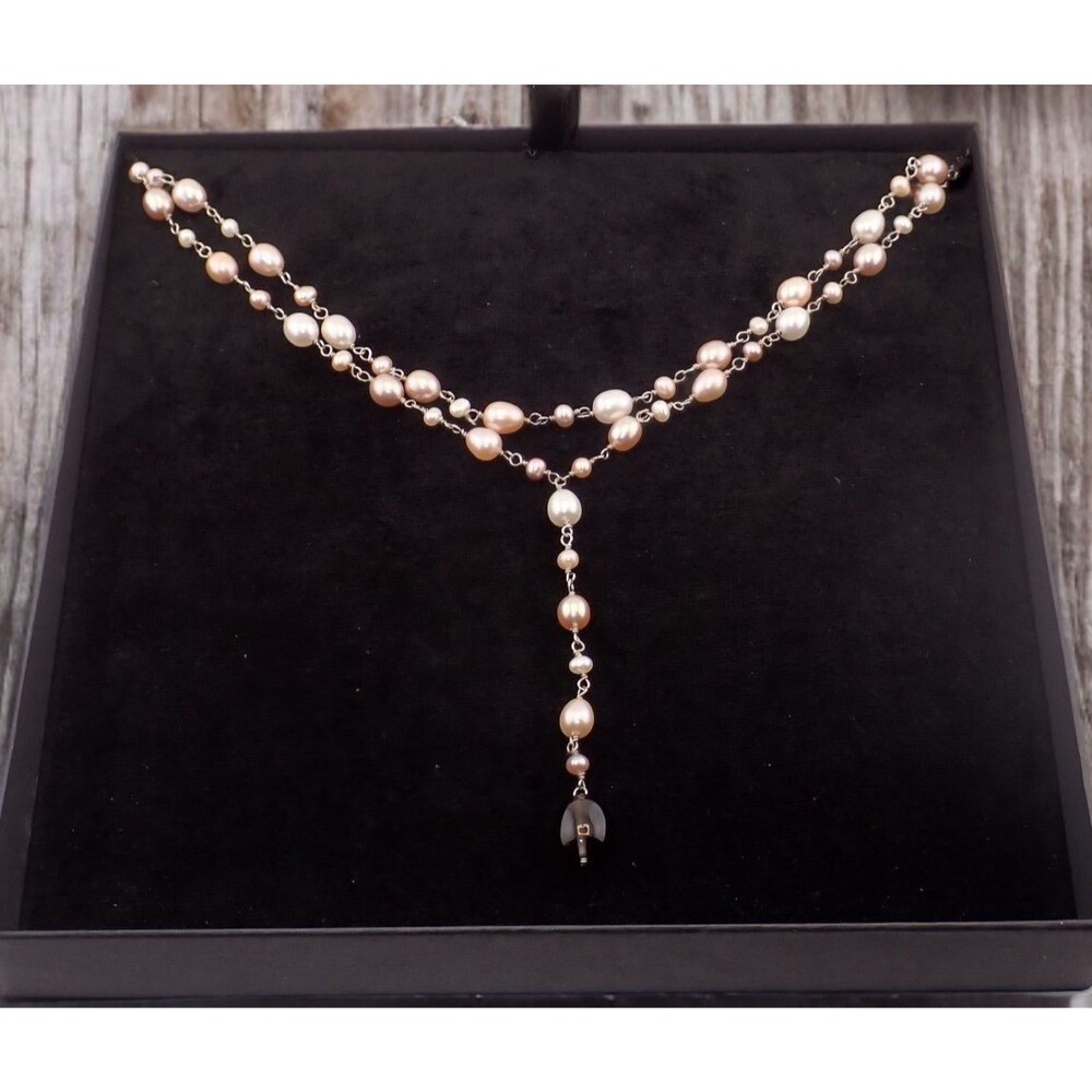 Freshwater 2 Strand Freshwater Pink & White Pearl Y Drop Necklace Silver Chain